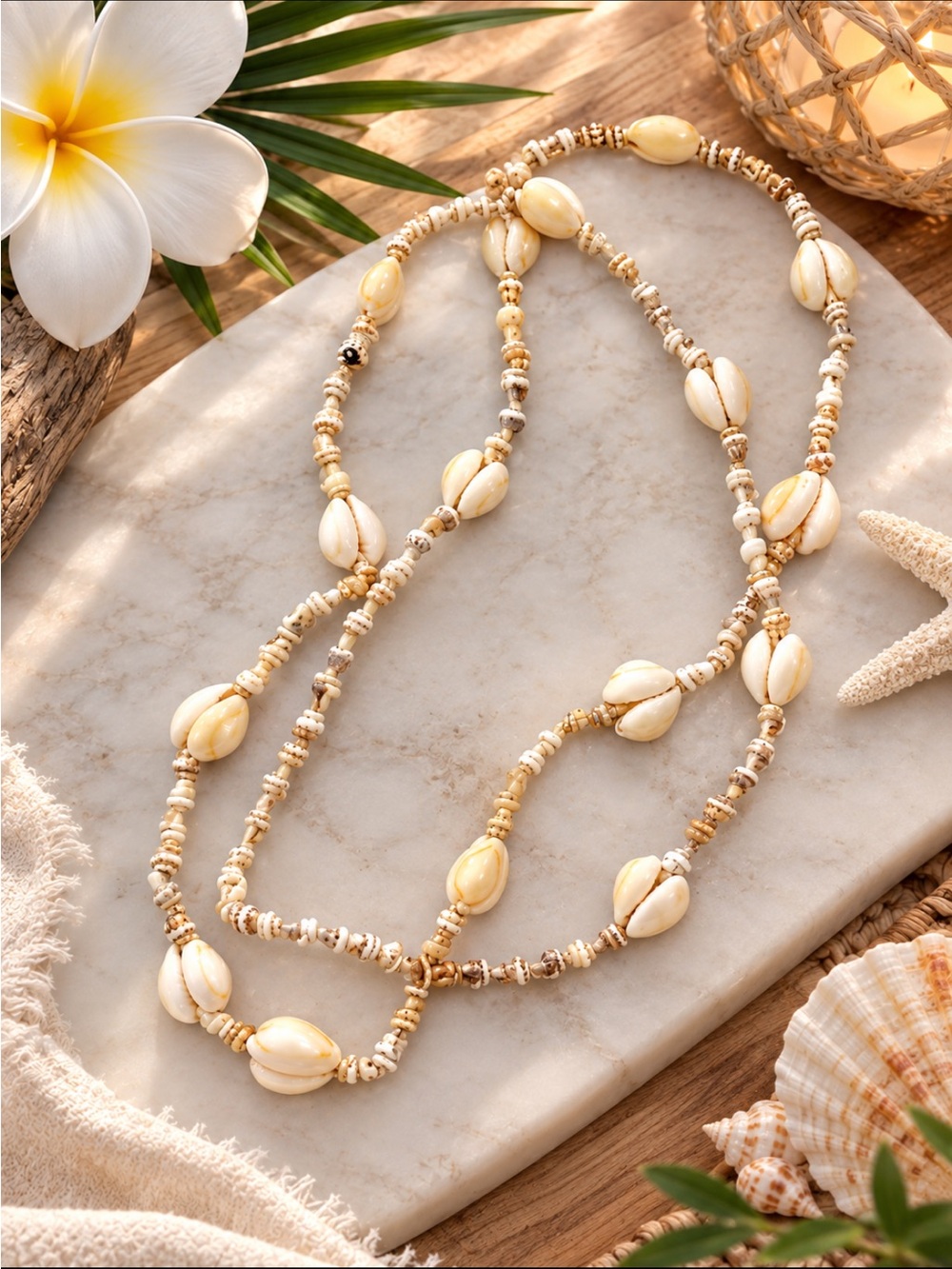Handmade Shell Bead Necklace in Cream and Gold - Beach-Inspired Women’s Jewelry